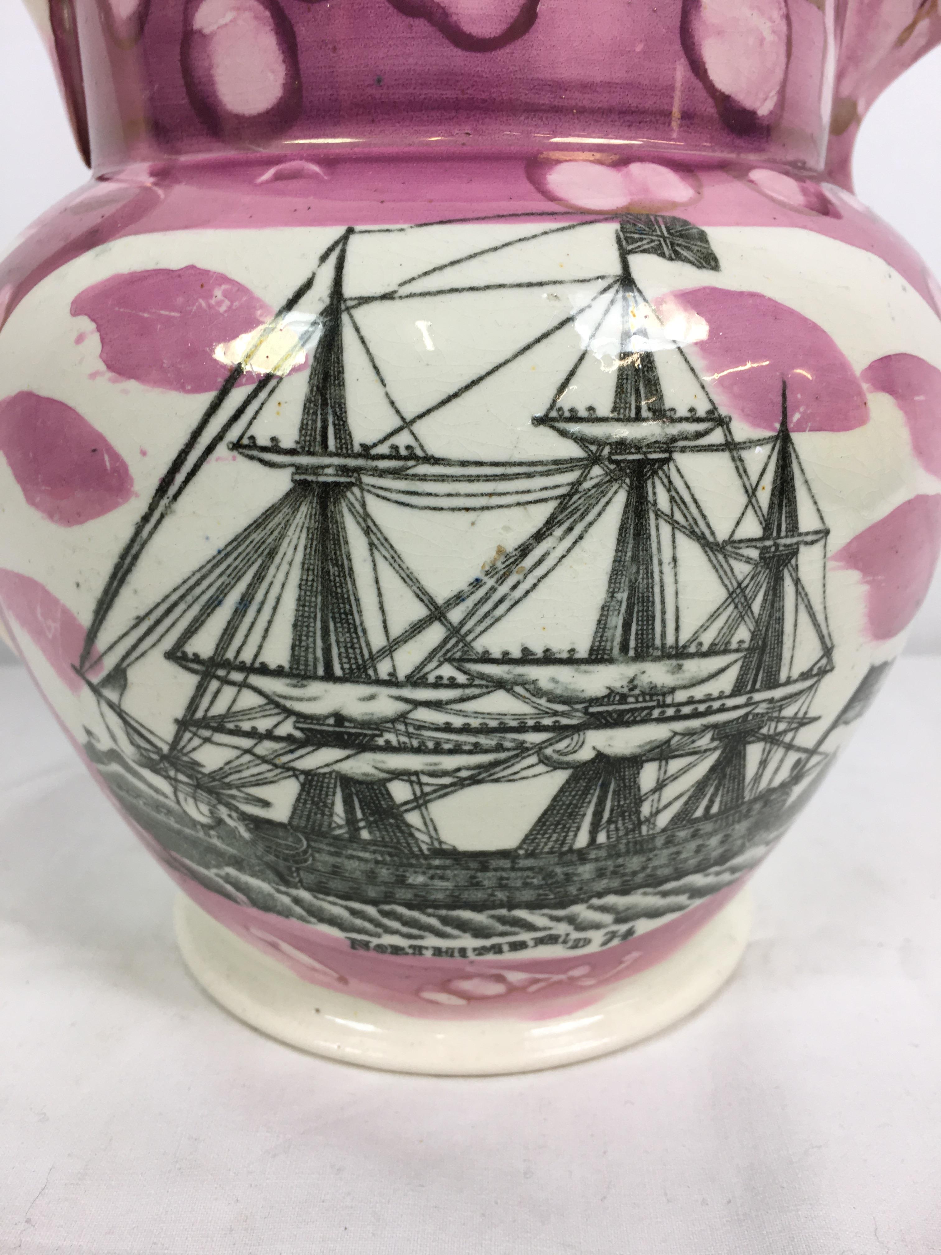 A 19th century Sunderland pink lustre jug, painted and transfer printed, one side with panel of a - Image 3 of 9