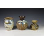 Three Guernsey Pottery vases, of varying forms, each having drip glaze decoration, various impressed