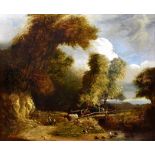 English School (19th century), Landscape with bridge and cattle oil on canvas, unsigned, in ornate