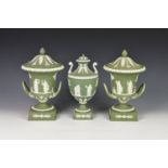 A pair of Wedgwood green jasper covered Campana vases, third quarter 20th century, with twin