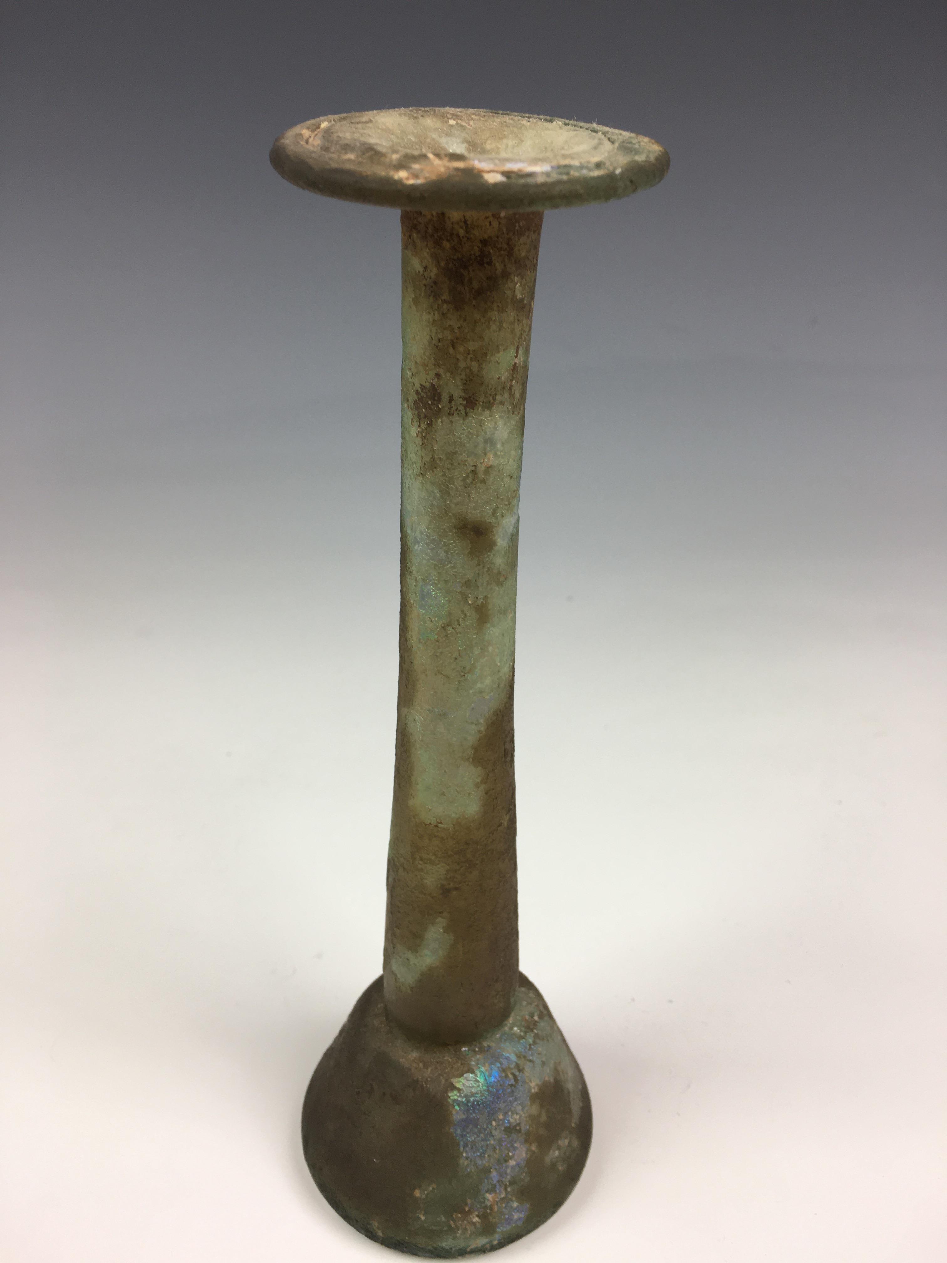 A large Roman iridescent glass unguentarium, 1st-2nd century AD, of candlestick form with widely - Image 3 of 6