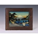 Three Japanese 3D partial - reverse painted lake scene pictures, 1920s-30s, each having painted lake