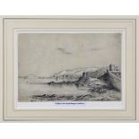 English School (late 19th century), "St Pierre Port from Hougue à la Pierre" pencil drawing on