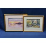 Two watercolours by Jean Walker one "Sunset at Fort Grey" and the other of a Guernsey abbreveur. (2)