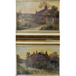 English School (early 20th century) Figures and geese outside a cottage; Figures on a village