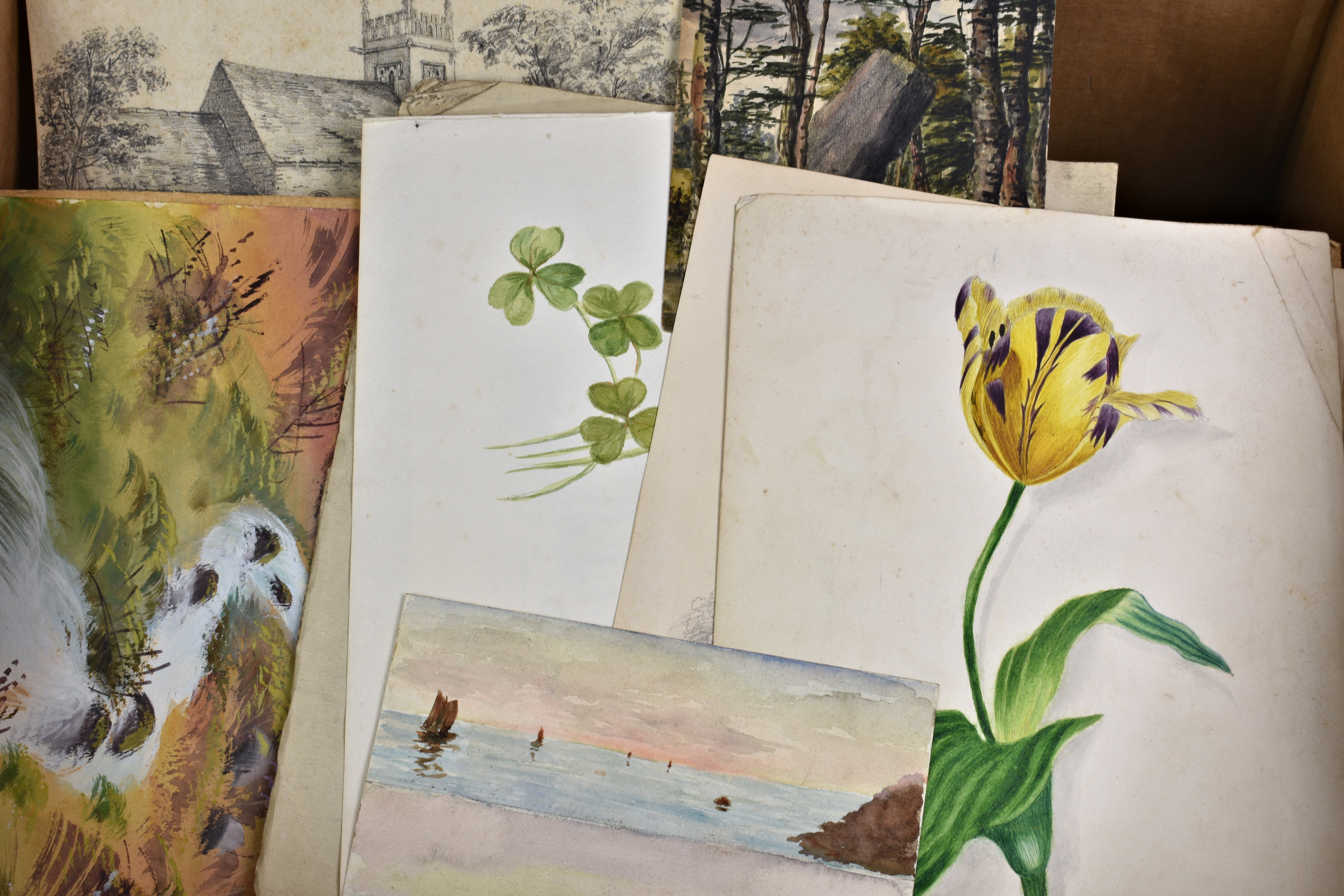 A rummage box of ephemera - sketch books - paintings etc to include autograph book; Jersey