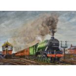 A framed oil painting of a train (45cm x 60.5cm)