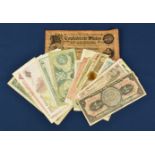 A collection of Worldwide banknotes in varying conditions to include a replica The Confederate