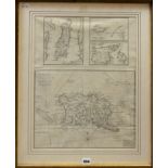 A framed map of Guernsey, Jersey, Alderney and Isle of Man by Philip Dumaresq.