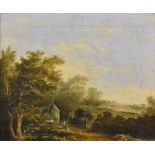 A nineteenth century English School oil on canvas, figure and cottage on edge of woodland, 29cm x