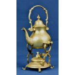 A brass hot water kettle on stand.