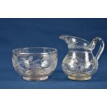 19th century etched clear glass jug and bowl - Guernsey interest c.1843, the glass etched with