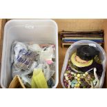 A rummage box of vintage coins - costume jewellery - glass slides etc.