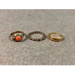 Three antique/vintage gold rings, comprising an 18ct gold gypsy set diamond ring (lacks centre stone