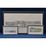 Print of St Peter Port seafront by Paul Ozanne together with two small Penny Dorey prints. (3)