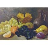 A.V.S. Karba Still life depicting fruit and a stoneware jug. Oil on board signed and dated 1864.