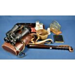 Two pairs of binoculars, policemans truncheon, wooden pestle and mortar, brass and wood letter rack,