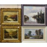 Four framed oil paintings of various landscapes (4)