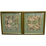 A pair of Thai watercolours depicting butterflies and hibiscus plants, framed and glazed. 27x 25