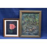 Sara Serafin - 'Weeping Rose' - oil on canvas board together with 'Waterlilies (after Monet)' by