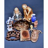 A collection of modern Oriental collectables comprising a gold painted temple figure; Chinese blue