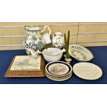 A antique French musical ceramic tile trivet stand together with a porcelain pestle & mortar; French