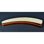 An Inuit Walrus tusk cribbage board the top relief carved with polar bear in trap and walrus head,