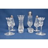A pair of Waterford Lismore pattern cut glass salt and pepper casters with silver plated fittings;