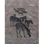 Zebras - a limited edition print on silk, signed indistinctly "Maln" and numbered 82/390, 17½ x 13½