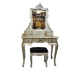 A modern silver metallic painted dressing table and stool never used been in storage, 34½in. (87.