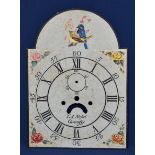 A longcase clock plate - I. A. Naftel Guernfey painted with floral sprays to corners and birds to