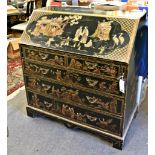 A George III style chinoiserie bureau mid-20th century, the fall and drawers lacquered with