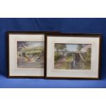 Arthur Miles - Pair of watercolours the first of a village scene with figures, two parked cars and