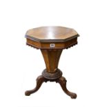 A 19th century trumpet shaped sewing /work table the hinged lid lifting to reveal original interior,