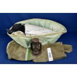 A canvas desert bath, army tent and three canvas barrel bags and a tropic lantern (6)