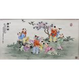 A large Chinese porcelain famille rose panel second half 20th century, depicting boys playing