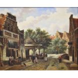 A 19th century style oil on panel of a Dutch street scene, signed T. Lenny