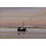 John J. Holmes (British, 20th century) Fishing trawler on the estuary at dusk Watercolour, signed