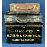 A vintage metal document tin inscribed 'BEDSTEAD AND FENDER MOUNT MANUFACTURERS' together with three