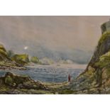 A small watercolour by June Hughes of a figure on a rocky shore in Alderney, 10.5cm x 14cm.