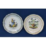 Two 19th century Quimper plates one marked 'FB', painted with a saint and 'Pierre Bernard, 1787',