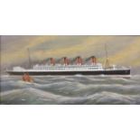 Oil on board of 'AQUITANIA' ocean liner signed and dated lower right A C FOY, 1934, 7 3/8 x 14 ½