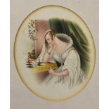 A mid 19th Century watercolour, oval, depicting a lady playing chess