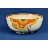 Clarice Cliff Bizarre Rhodanthe pattern bowl with orange yellow floral pattern and brown
