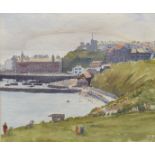 Chettle (British, mid-20th century) Folkestone from the cliffs; City riverscape watercolour,