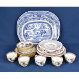 A graduated set of three 19th century Willow pattern Ironstone china meat platters of typical