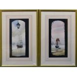John J. Holmes (British, 20th century) Masted ships at rest through arched windows. A pair,