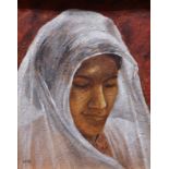 Ethnic Woman - Portrait of a woman in traditional dress oil on board, signed lower left 'VIRA',