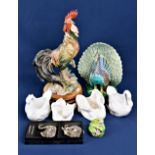 A 20th Century Japanese peacock figurine together with two Crown Staffordshire swan posy holders and