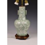 A Chinese celadon white slip glazed porcelain vase, later converted to table lamp, probably 19th